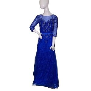 Royal Blue Maxi Dress 3/4 Sleeve High Low Beadwork Sheer Mesh Sleeves Size Small